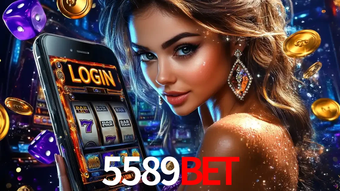 Mulher glamorosa segurando um smartphone com a tela de login para os jogos de caça-níqueis do cassino online 5589bet, com moedas de ouro e dados ao redor.