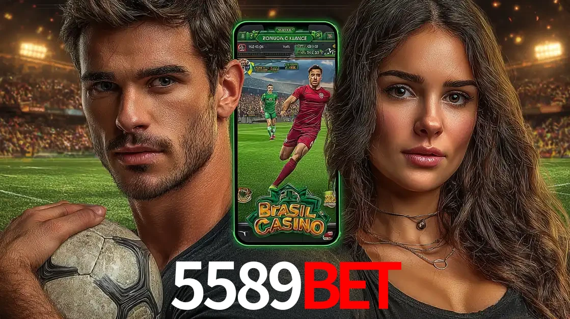 Homem segurando uma bola de futebol e uma mulher ao lado de um smartphone exibindo o jogo de apostas esportivas da 5589bet. Faça seu palpite no cassino online.